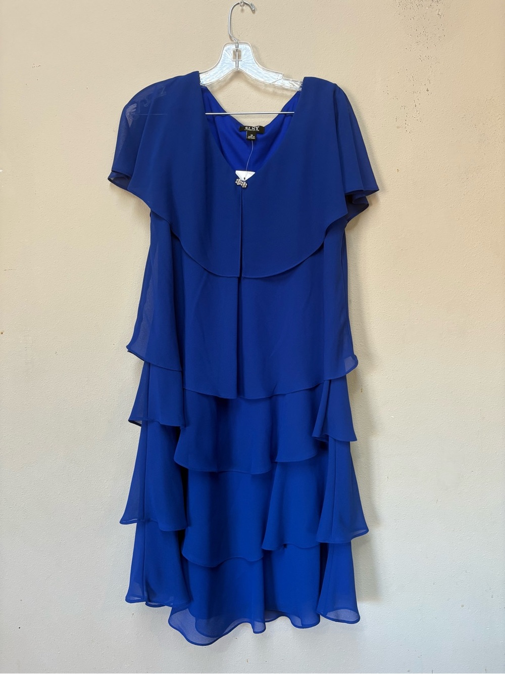 Royal Blue Layered Chiffon Midi Dress Rhinestone Detail NWT - Picture 5 of 7